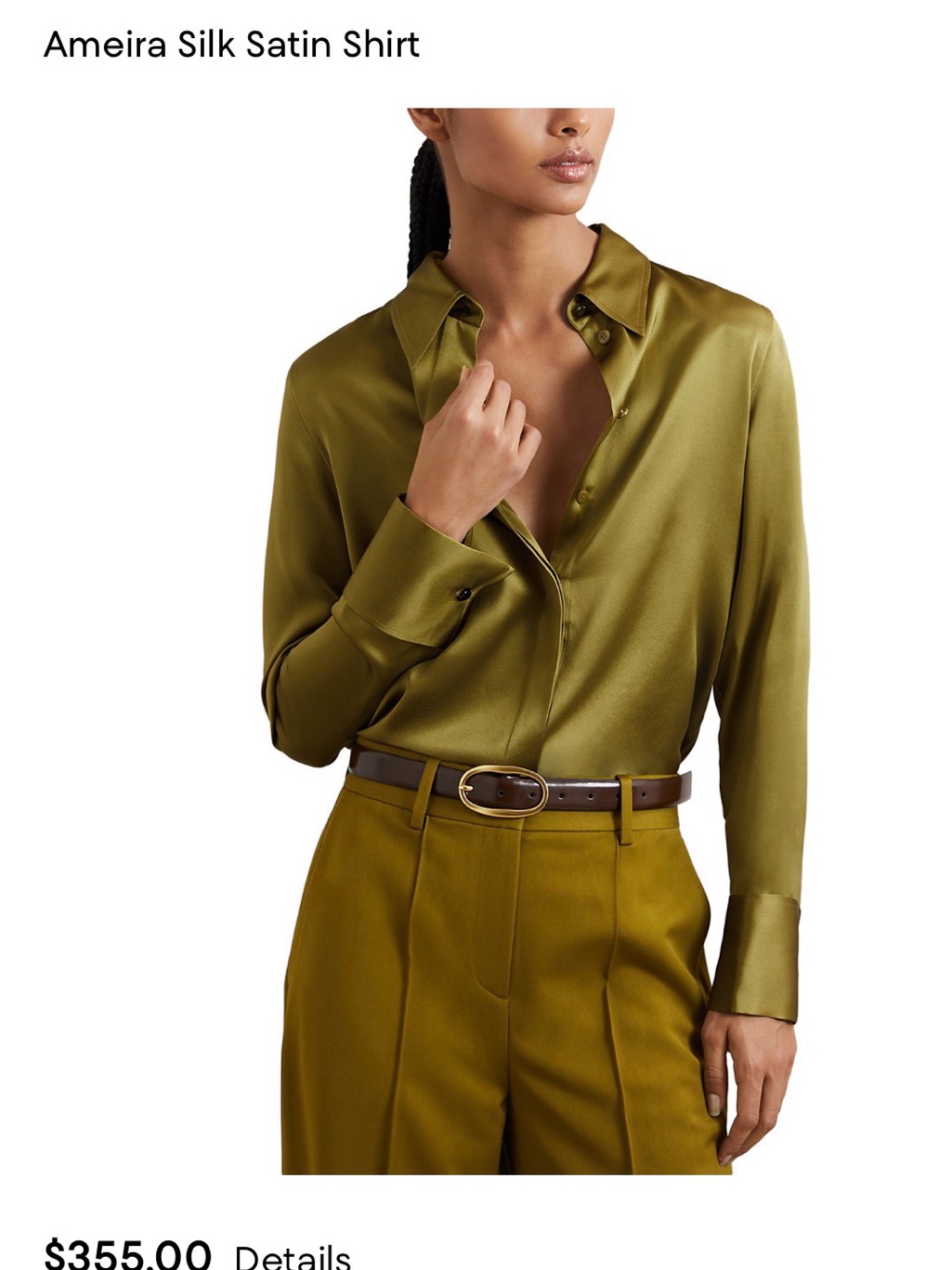 Reiss Olive Green Silk Satin Button-Down Shirt